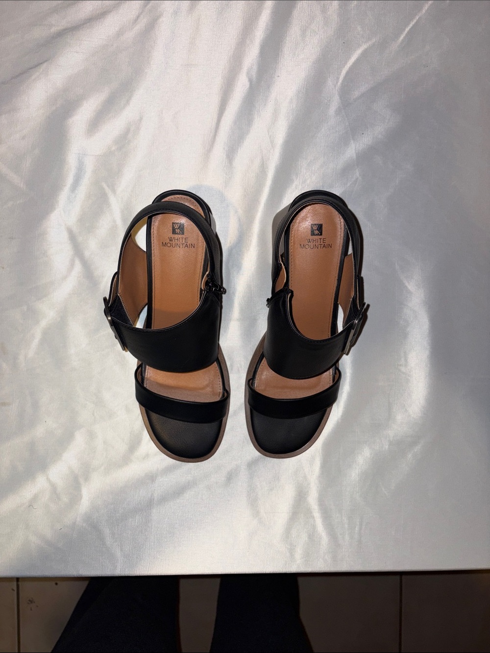 White Mountain Black Leather Open-Toe Buckle Slingback Heels